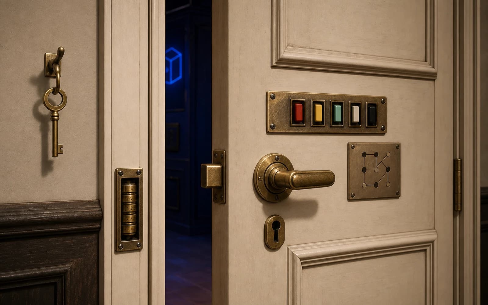 An ivory escape-room door with an aged-brass handle, keyhole, color sequence, letter cylinder, aligned bolt, wall key, and blue room beyond.