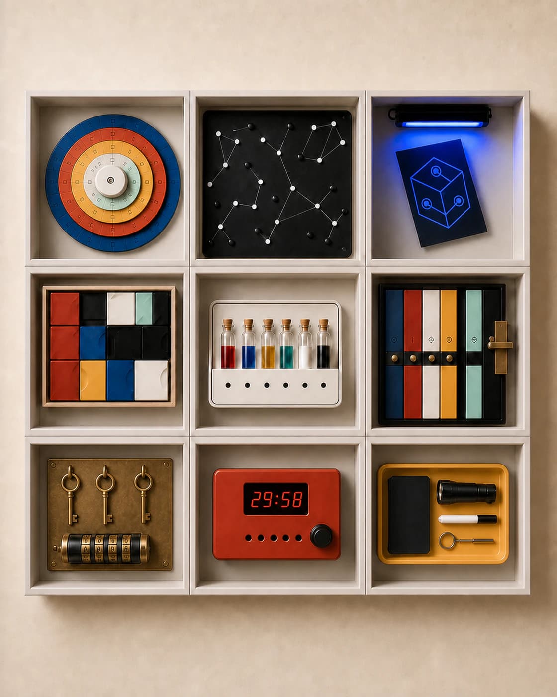 A people-free nine-compartment display cabinet of escape-room puzzles, locks, keys, a cipher wheel, UV clue, vials, timer, and reset tools