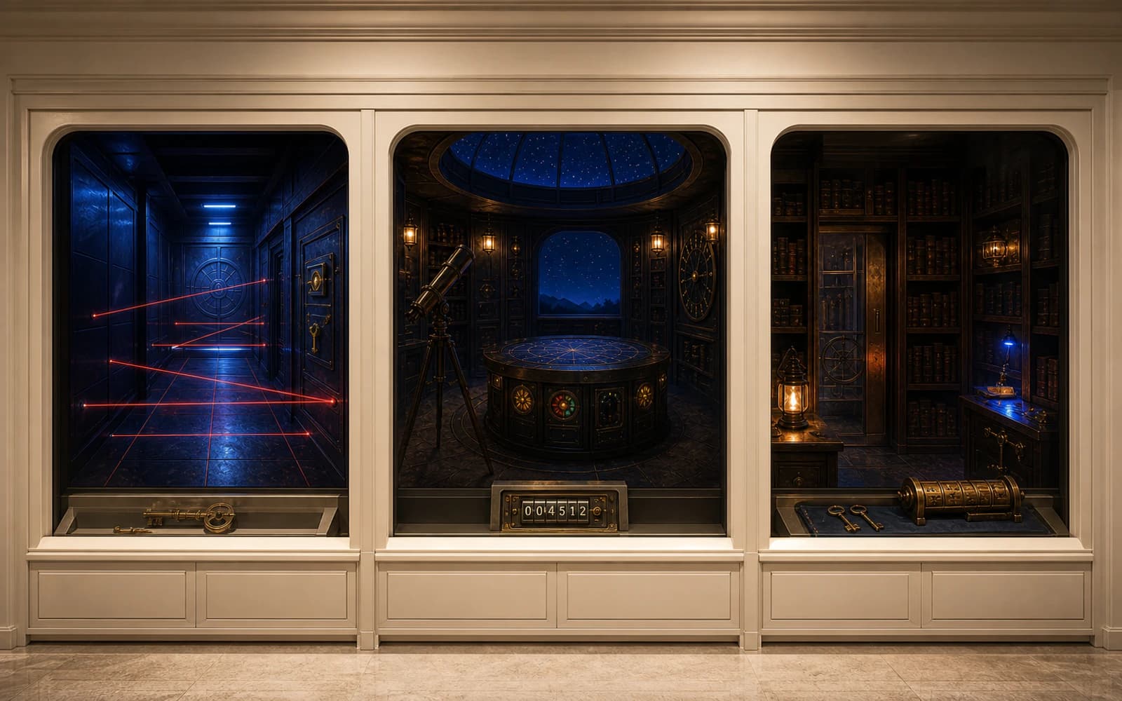 Three escape-room installations show a laser corridor, observatory puzzle, and hidden library inside an ivory gallery cabinet.