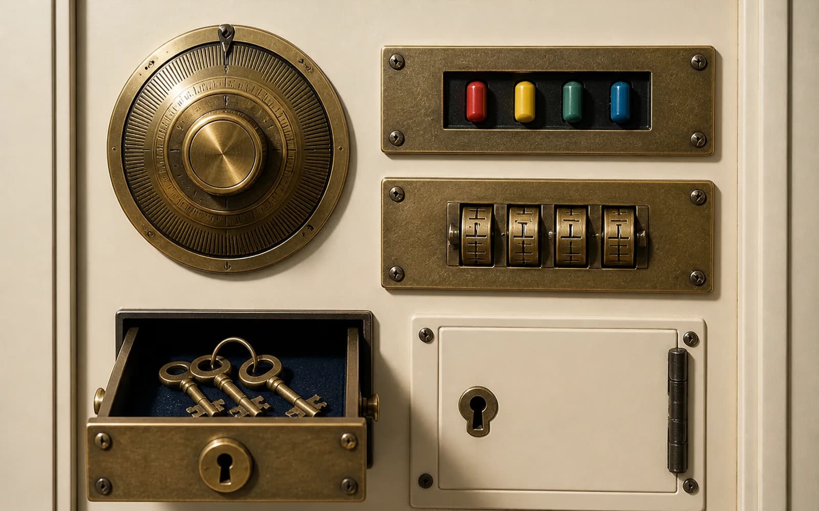 A museum-style escape-room vault panel with a safe dial, color sequence, combination lock, keyed drawer, and brass keys.