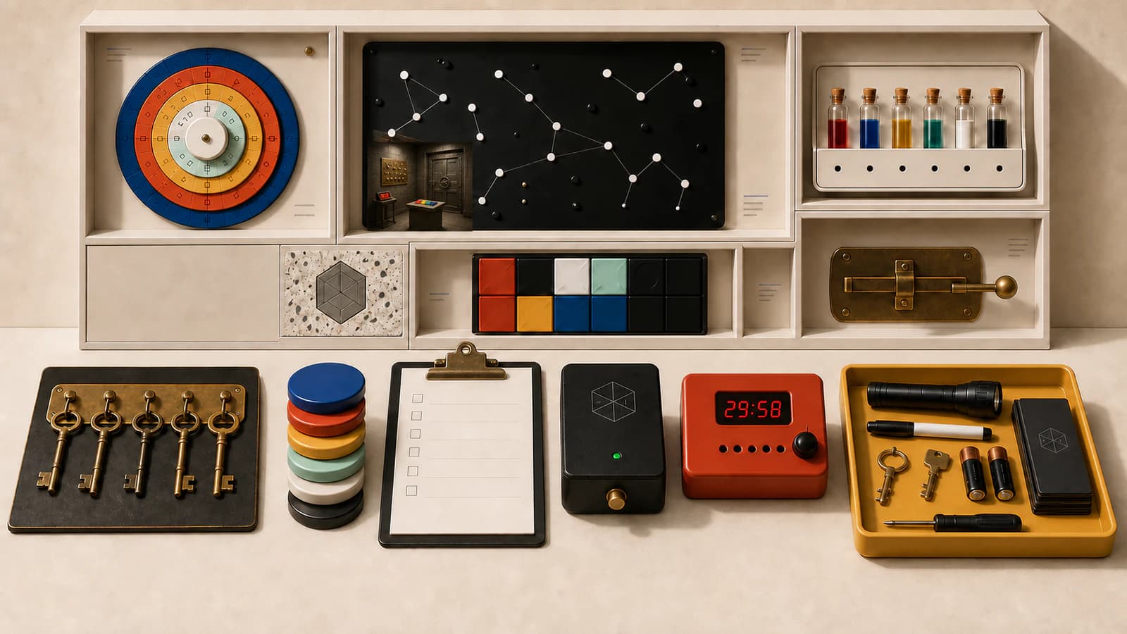 An organized people-free escape-room operations workbench with keys, booking tokens, waiver checklist, hint transmitter, timer, and reset tools