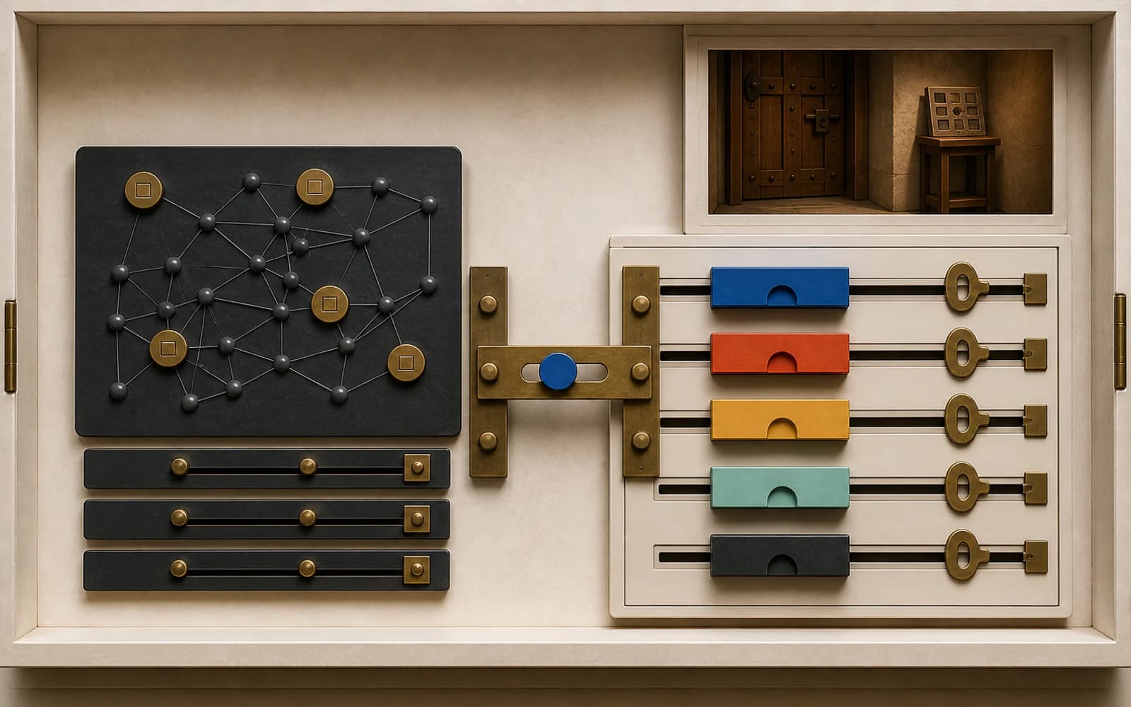 A people-free physical migration mechanism moves a booking token from tangled routes into organized room tracks with keys and an escape-room inset.