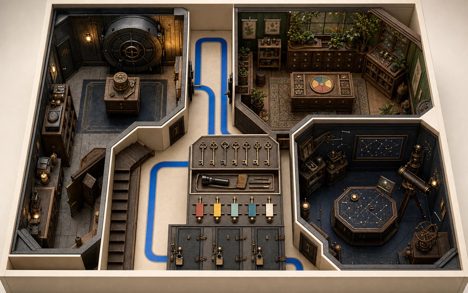 A people-free venue model connects three themed rooms to keys, reset tools, room-status controls, and staff doors.