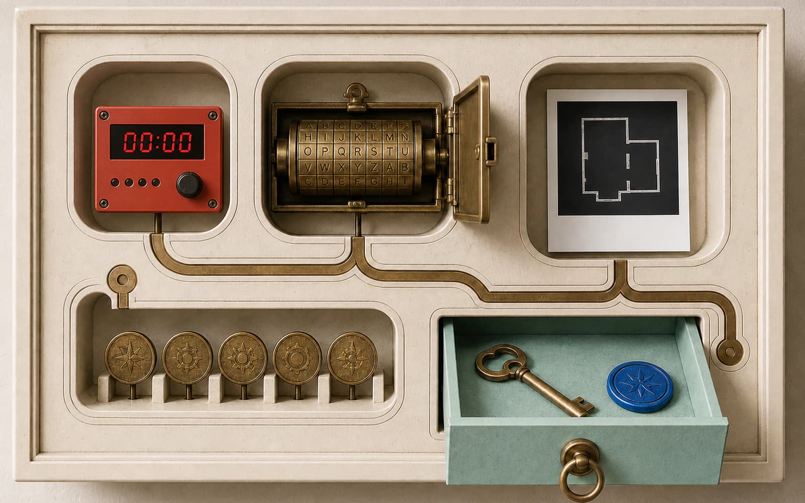 A people-free post-game mechanism connects a completed timer, solved letter lock, abstract result photo, review discs, and a return-room key.