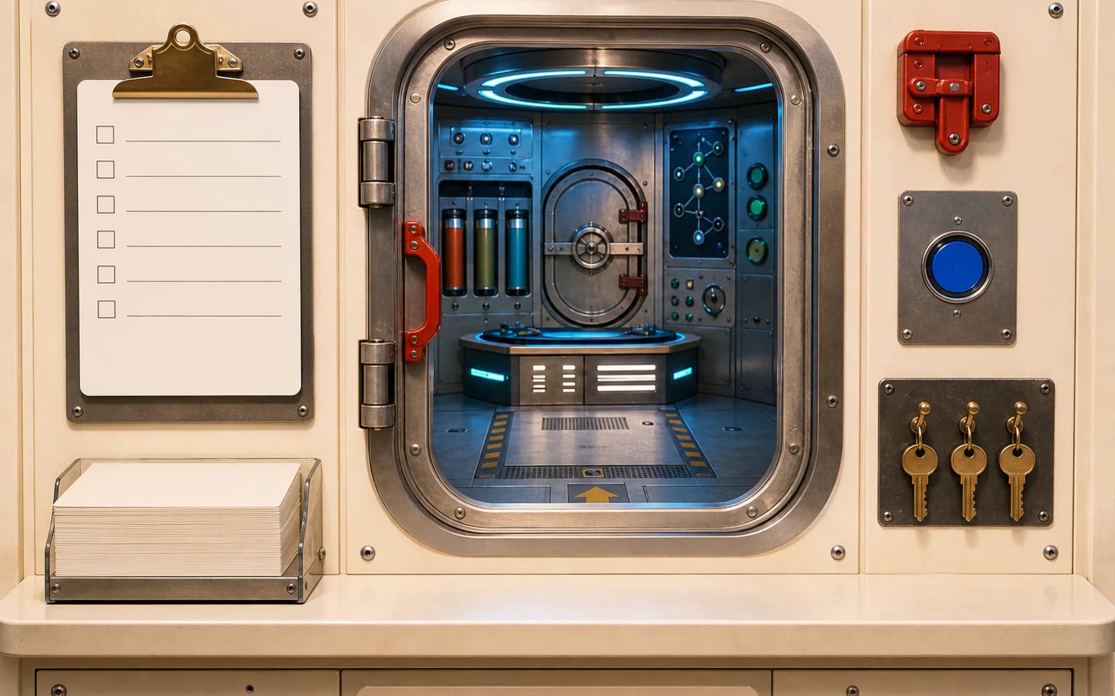 A people-free waiver and arrival station pairs a blank checklist, room keys, access control, and a spacecraft airlock puzzle chamber.